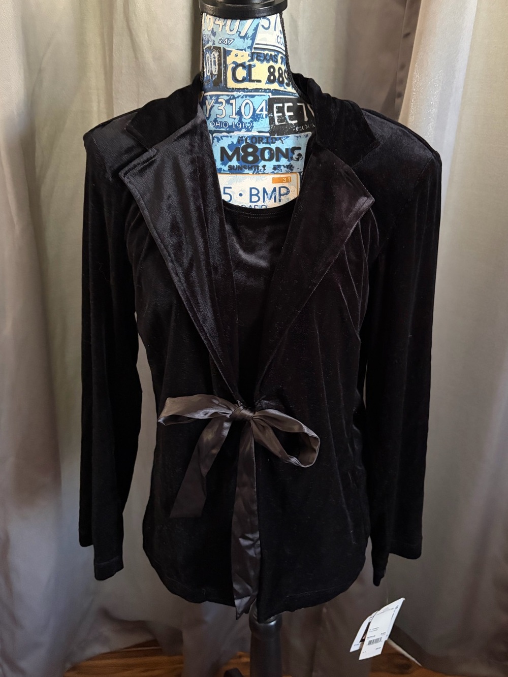 Notations Vintage Women's Black Velvet Tie-Front Jacket with Faux Under Tank